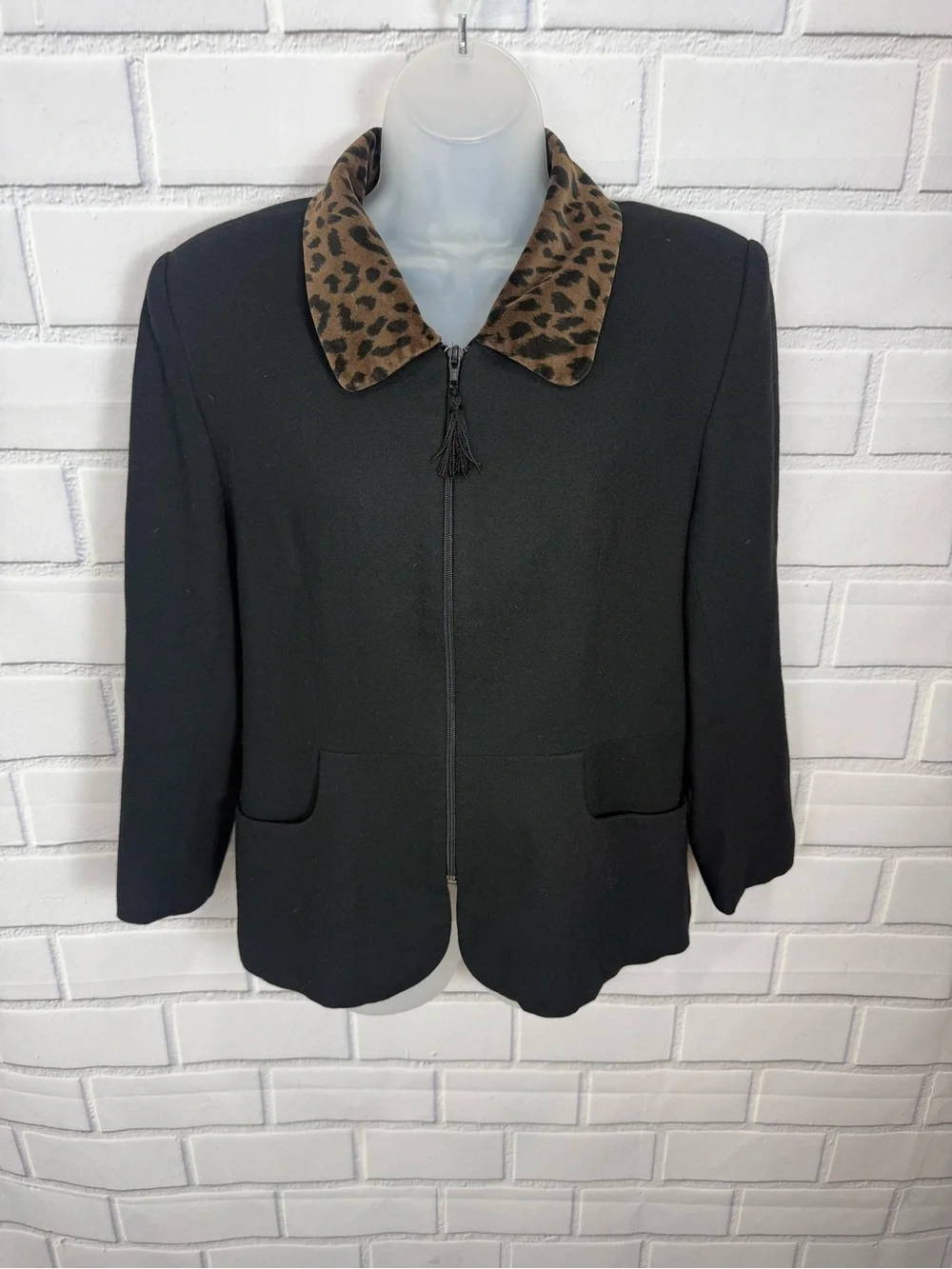 Vintage Y2K Suits Me Black Leopard Collar Zip Blazer Jacket Size 6 academia chic